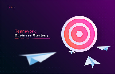 Business goal solution concept. Teamwork strategy. Paper planes flies to the abstract target vector background