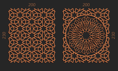 Sticker - Laser cutting set. Woodcut vector trellis panels. Plywood lasercut floral design. Hexagonal seamless patterns for printing, engraving, paper cut. Stencil lattice ornaments.