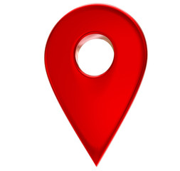 Fototapete - Red map pointer 3d pin. Location symbol isolated on white background. Web location point, pointer. 3D rendering.