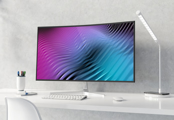 Aufkleber - Curved monitor on white desktop and concrete interior mockup 3D rendering