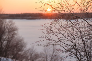 The winter landscape of sun shines through the branches of frozen trees against the surface of the frozen lake. Winter solstice.