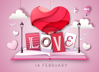 Open fairy tale book with valentine love heart. Happy Valentine`s day background. Cut out paper art style design