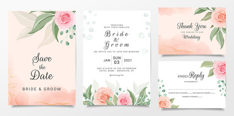 Wall Mural - Floral wedding invitation card template set with peach and pink roses and leaves. Botanic illustration for background, save the date, invitation, greeting card, poster vector