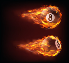Flying Black Billiard Eight Ball In Fire Isolated On Black Background. Vector Realistic Pool Or Snooker Ball With Number 8 In Flame With Sparks. Template For Banner Or Poster Of Sport Tournament