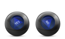 Magic Ball Of Predictions For Decision-making With Yes And No Answer. Forecast Oracle For Questions. Vector Realistic Black Spheres With Blue Triangle Isolated On White Background