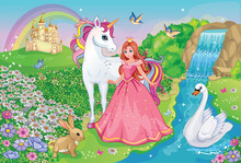Beautiful Princess With White Unicorn And Swan. Fairytale Background With Flower Meadow, Castle, Rainbow, Lake. Wonderland. Magical Landscape. Children's Cartoon Illustration. Romantic Story. Vector.