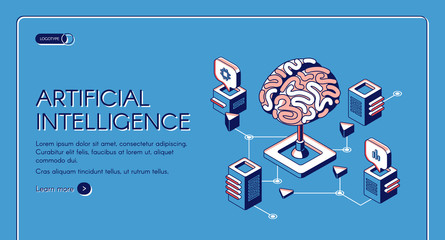Artificial intelligence isometric landing page human brain surrounded with cubic shape AI processor chips with digital neurons network. Future innovation 3d vector illustration, line art web banner