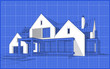3d rendering of modern cozy clinker house on the ponds with garage and pool for sale or rent. Black line sketch with white spot on blueprint background