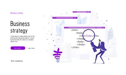 Poster - Business metaphor.  Man with a magnifying glass is engaged in programming Compare with your trade model. Commerce enterprise. Leader skills taking to a new level your company. Isolated