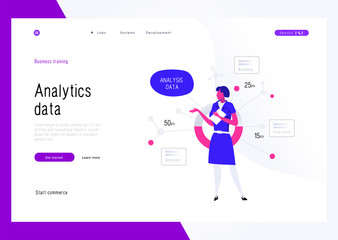Poster - Business metaphor.  A girl in futuristic space studies technological data Compare with your trade model. Commerce enterprise. Leader skills taking to a new level your company. Isolated