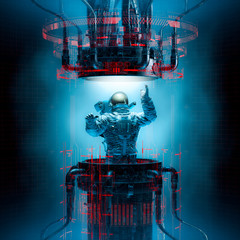 Wall Mural - basic teleportation principles / 3d illustration of astronaut emerging from dark complex futuristic 