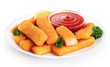 Fish Fingers Sticks With Ketchup, Lemon And Parsley Isolated On White Background.