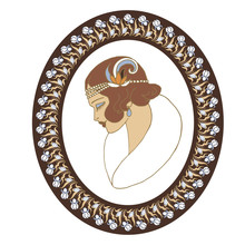 Portrait Of A Girl Dressed In The Style Of The 20s In A Frame With Irises, Vector Illustration