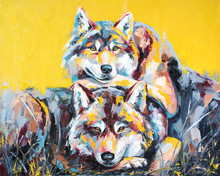 Oil Wolf Portrait Painting In Multicolored Tones. Conceptual Abstract Painting Of A Couple Wolves. Closeup Of A Painting By Oil And Palette Knife On Canvas.