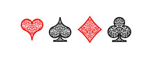 Set Of 4 Playing Card Suits Icons Decoration Pattern Diamonds, Clovers, Hearts, Spades Template Black And Red. Playing Card Suit Ornament Symbol Pictogram For Poker Casino Isolated On White Background