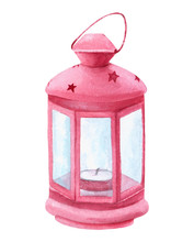 Lantern Candlestick. Watercolor Illustration Of A Pink Lantern With Stars. Hand Painted