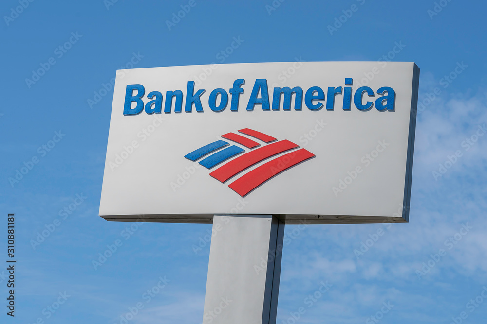 Buffalo, New York, USA - September 22, 2019: Sign and Logo of Bank of America. The Bank of America Corporation is an American multinational investment bank and financial services company.