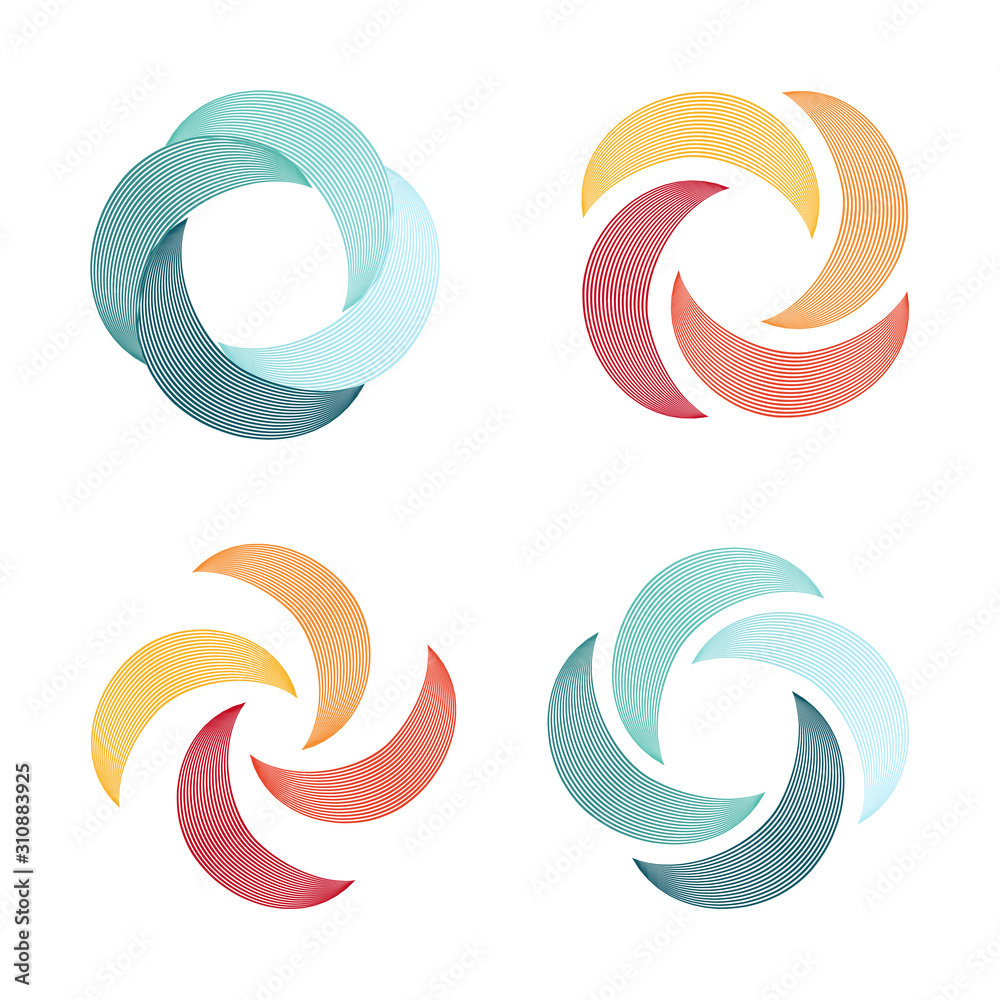 Set of spiral and swirl logo abstract logo, twisting shape, swirl of lines, round unusual logo. Vector icons set. - obrazy, fototapety, plakaty 