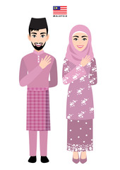 Wall Mural - Malaysia male and female in traditional costume, Malaysia people greeting and Malaysia flag on white background cartoon character vector