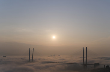 Fototapete - Vladivostok cityscape daylight view. Fog over the city.