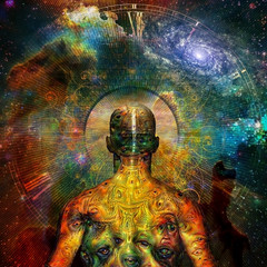 Canvas Print - surrealism. figure of man with weird demonic eyes on his skin stands before vivid universe. fears