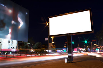 Billboard outdoor, advertising mockup, empty frame copy space for logo and text. Modern flat style signboard. Outdoor street banner night shot, long exposure.