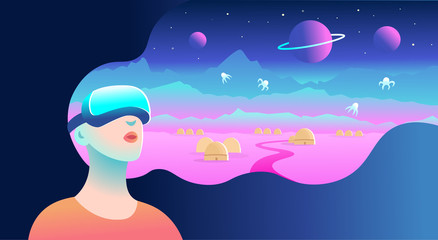Woman wearing virtual reality goggles and seeing the cosmic landscape, Vector illustration