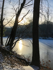 Wall Mural - frozen lake in the forest with sunlight