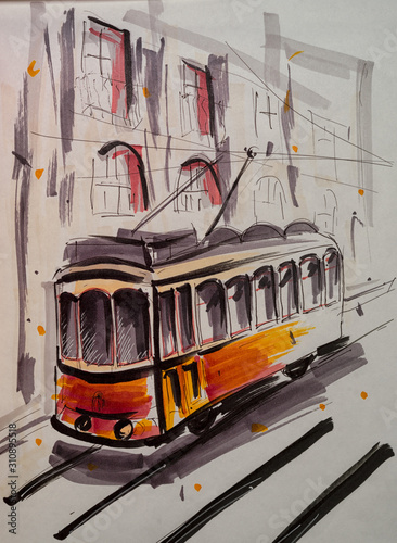 Cuadros en Lienzo Hand drawn marker sketch of a tram on the street.