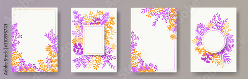 Tropical herb twigs, tree branches, flowers floral invitation cards set. Bouq...