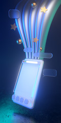 Wall Mural - 3d Holographic smartphone icons with dim light - 3D illustration of smartphone social media usage. All live in a futuristic atmosphere. 3D render.