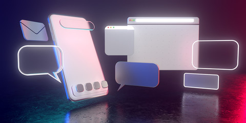 Wall Mural - 3d Holographic smartphone icons with dim light - 3D illustration of smartphone social media usage. All live in a futuristic atmosphere. 3D render.