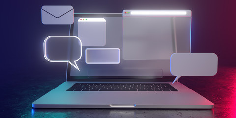 Wall Mural - 3d Holographic icons on laptop with dim light - 3D illustration of social media usage. All live in a futuristic atmosphere. 3D render.
