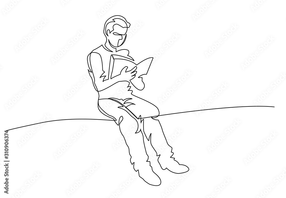 continuous line drawing of man sitting on floor reading book Stock ...