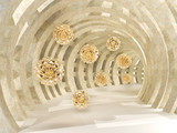 Fototapeta Perspektywa 3d - Tunnel with golden flying balls 3d rendering