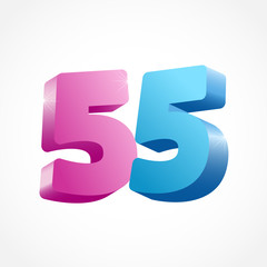 Wall Mural - 55 th anniversary numbers. 55 years old coloured logotype. Age congrats, congratulation idea. Isolated abstract graphic design template. Creative set of 3D digits. Up to 55%, 5% percent off discount.
