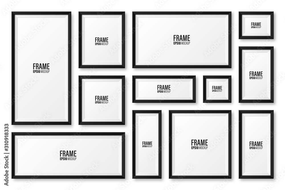 Realistic blank black picture frame with shadow collection isolated on white background. Modern poster mockup. Empty photo frame for art gallery or interior. Vector illustration. - obrazy, fototapety, plakaty 