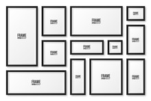 Realistic Blank Black Picture Frame With Shadow Collection Isolated On White Background. Modern Poster Mockup. Empty Photo Frame For Art Gallery Or Interior. Vector Illustration.