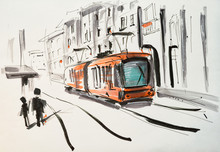 Hand Drawn Marker Sketch Of A Tram On The Street.