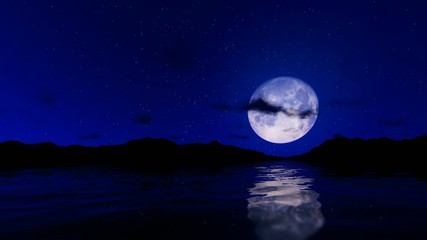 Wall Mural - Romantic scene with full moon reflecting on water surface against starry sky and timelapse clouds, hd