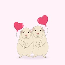 Vector Illustration Of A Two Cute Guinea Pigs With A Balloon, Greeting On Valentine's Day