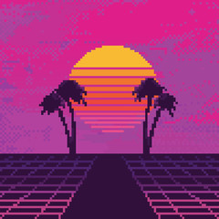 Poster - Vector pixel art of 80s Retro sci-Fi background. Synthwave, Vaporwave, Retrowave. Pixel art background. 8bit