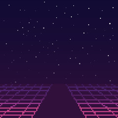 Poster - Vector pixel art of 80s Retro sci-Fi background. Synthwave, Vaporwave, Retrowave. Pixel art background. 8bit