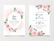 Elegant Wedding Invitation Card Template Set With Gold Floral Frame And Watercolor, Glitter. Botanic Roses And Leaves Illustration For Background, Save The Date, Invitation, Greeting Card Vector