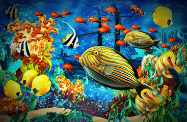 cartoon scene animals swimming on colorful and bright coral reef - illustration for children