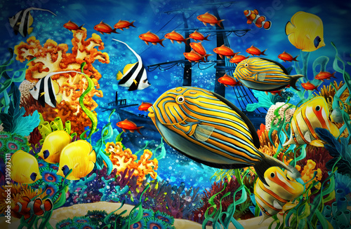 Photo cartoon scene animals swimming on colorful and bright coral reef - illustration