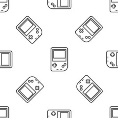 Grey line Portable video game console icon isolated seamless pattern on white background. Gamepad sign. Gaming concept. Vector Illustration