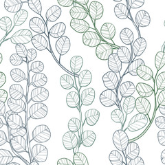 Wall Mural - Eucalyptus branch hand drawn vector seamless pattern in line art style on white background. Background with eucalyptus branch and leaves. Best for wrapping paper, wallpaper, textile or wedding design.