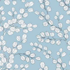 Wall Mural - Eucalyptus branch hand drawn vector seamless pattern in line art style on  blue background. Background with eucalyptus branch and leaves. Best for wrapping paper, wallpaper, textile or wedding design.