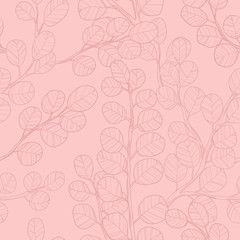  Eucalyptus branch hand drawn vector seamless pattern in line art style on pink background. Background with eucalyptus branch and leaves. Best for wrapping paper, wallpaper, textile or wedding design.